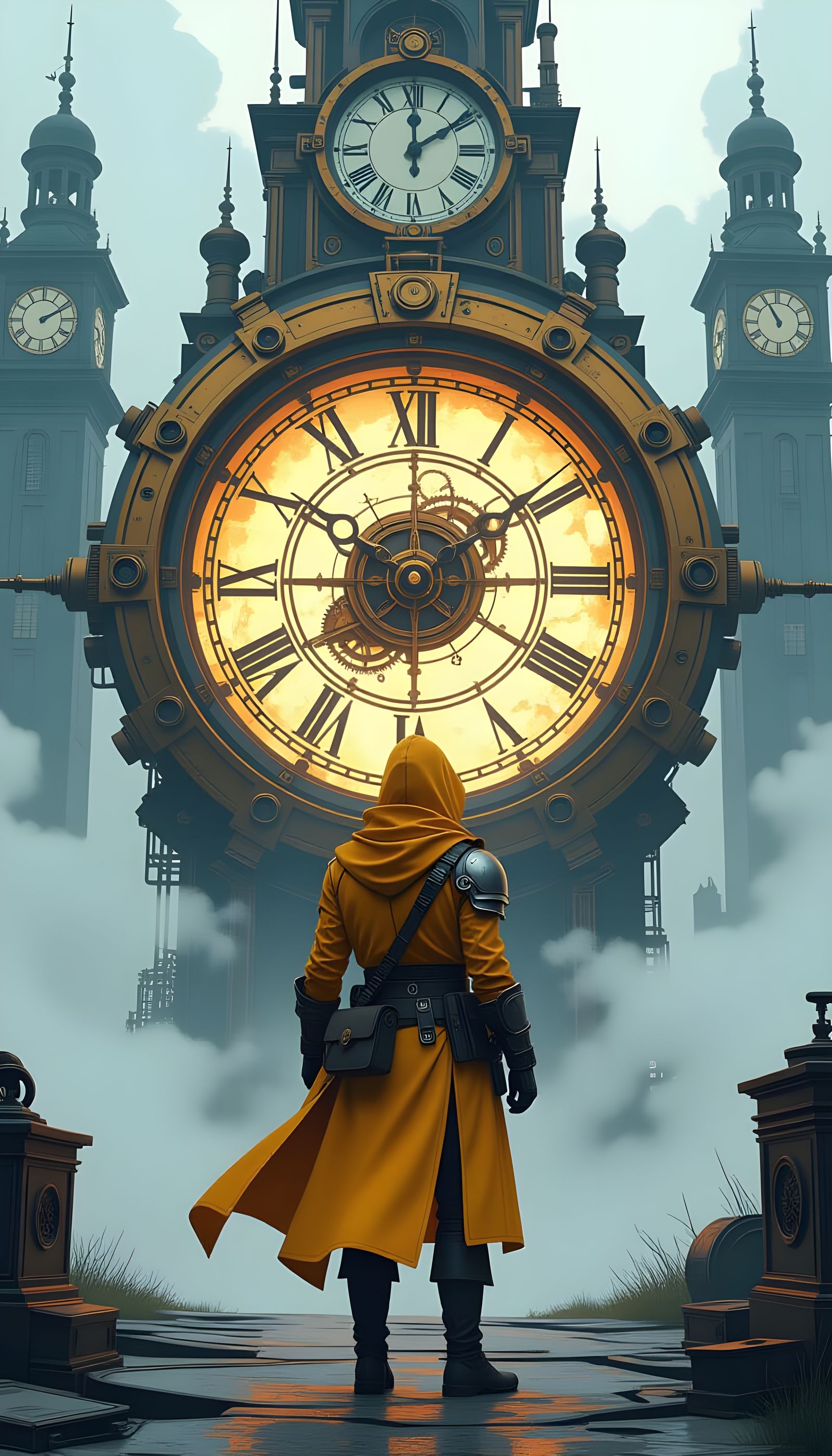 Adventurer Before Clockwork Portal in Sci-Fi Style