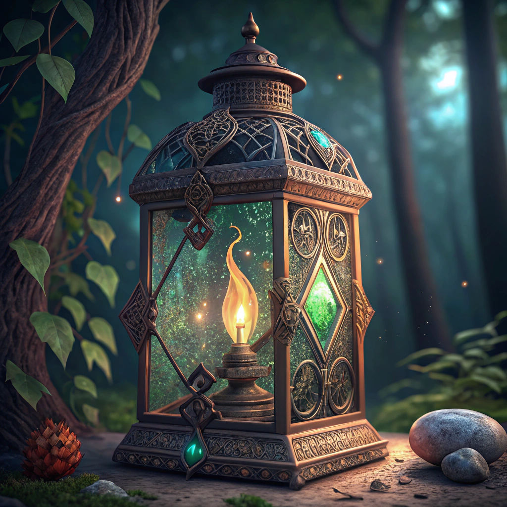 Mystical Lamp with Runes and Jewel-Toned Light