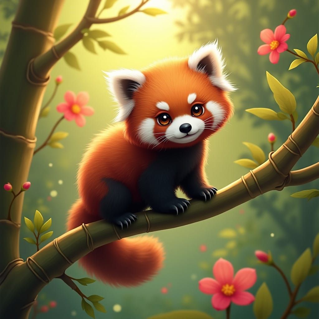 Whimsical Red Panda in Fantastical Bamboo Forest
