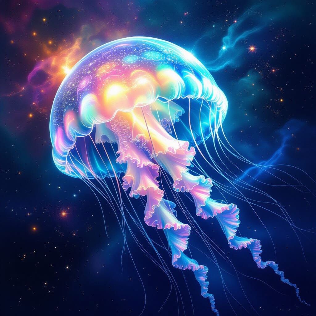 Cosmic Jellyfish Drifting Through Iridescent Nebula