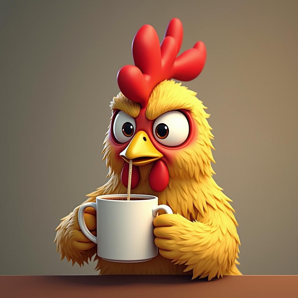 Annoyed Anthropomorphic Chicken Drinks Coffee