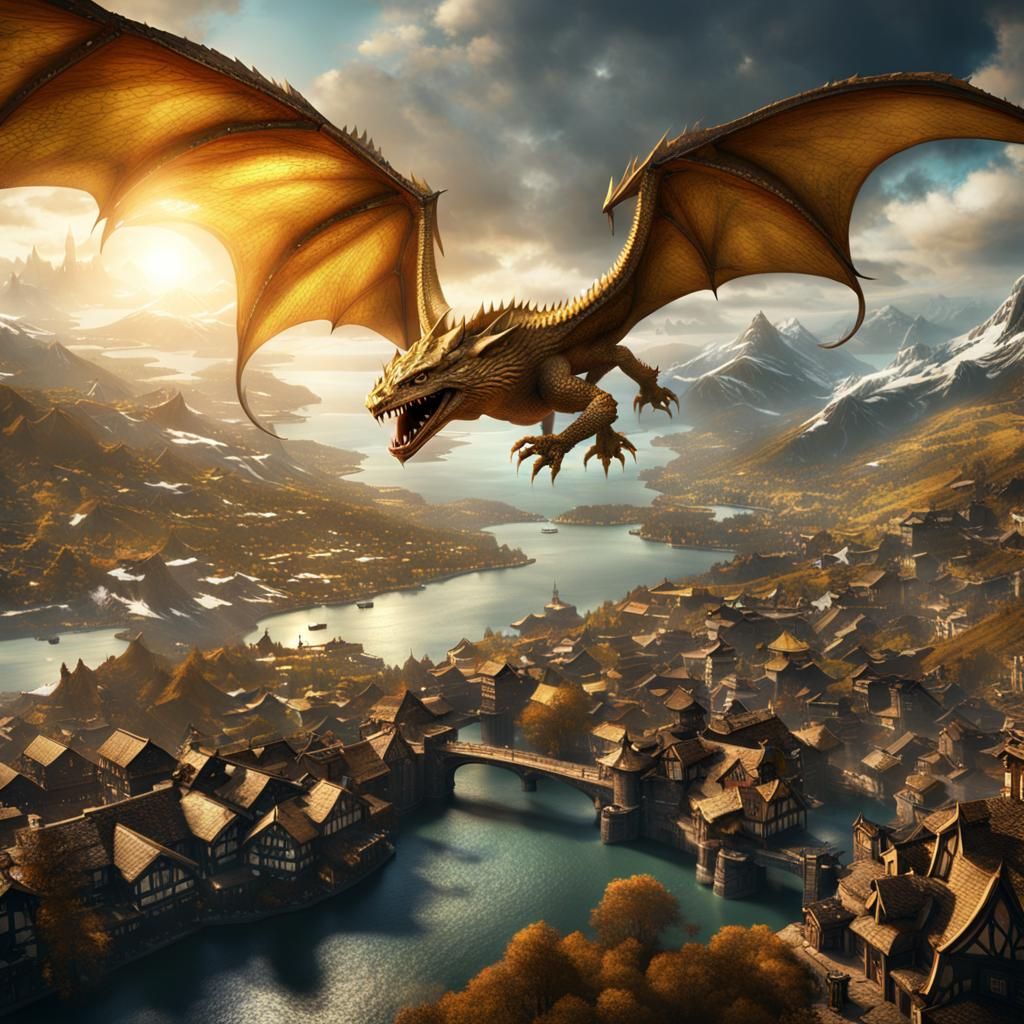 Smaug Flying Towards Lake Town: Fantasy Concept Art