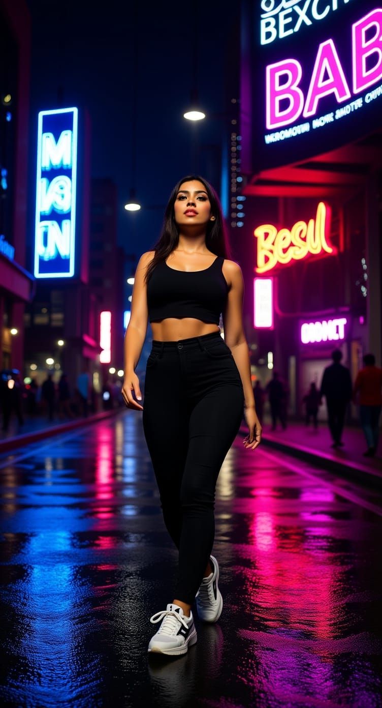 Stylish Latina Woman on Neon-Lit Street