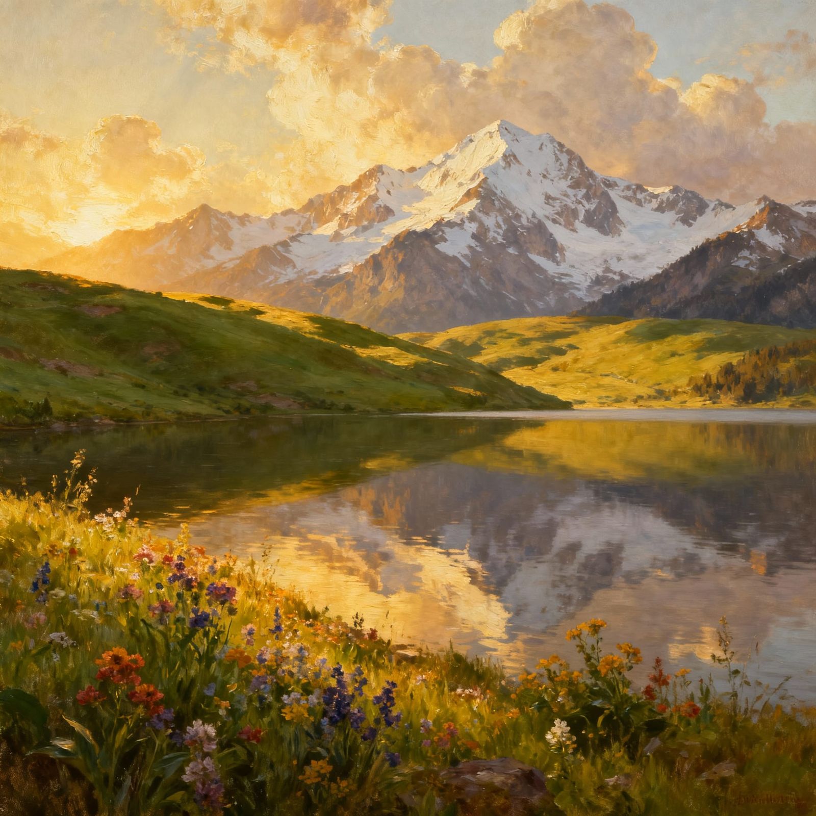 Golden Hour Landscape Oil Painting with Mountains and Lake