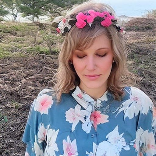 Flustered Girl in Sundress Under Blue Sky