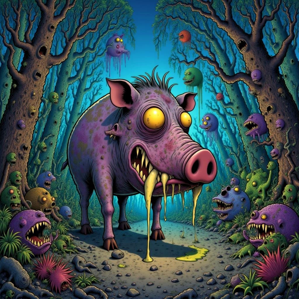 Colossal Alien Boar in Bioluminescent Jungle