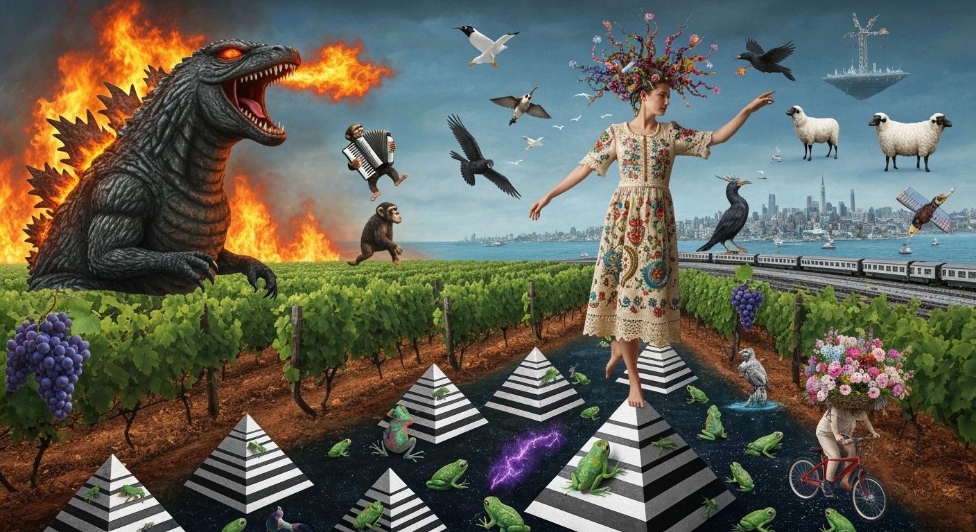 Godzilla's Fiery Rampage Through Surreal Vineyards
