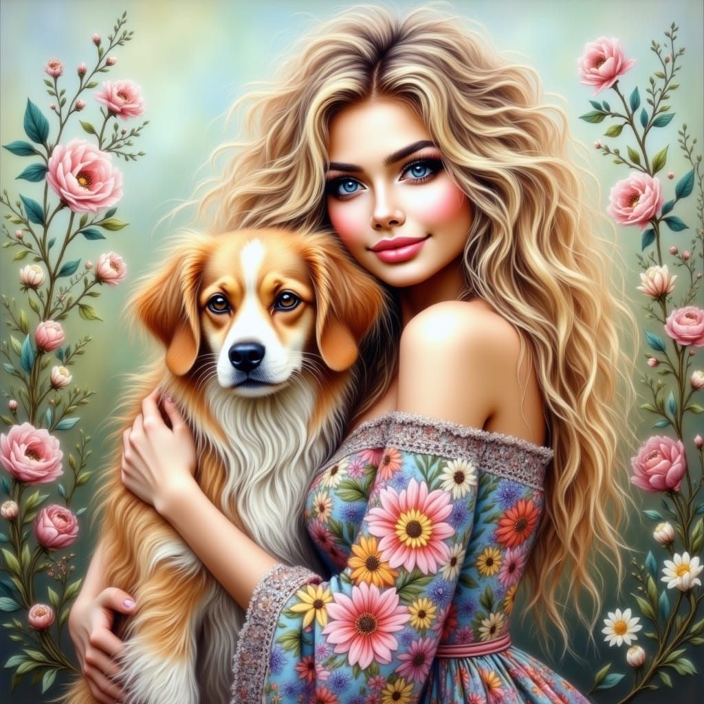 Boho Woman Hugs Dog in Floral Dress, Whimsical Pastel Art