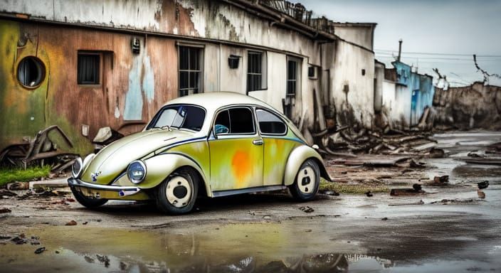 Abandoned VW Beetle in a Deserted Road Scene