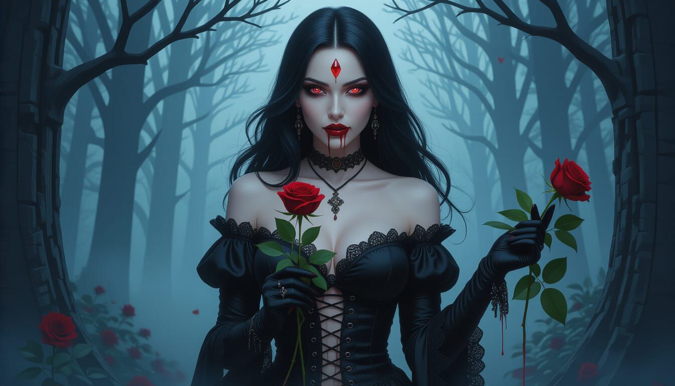 Gothic Vampire Woman Holds Blood Rose in Foggy Forest