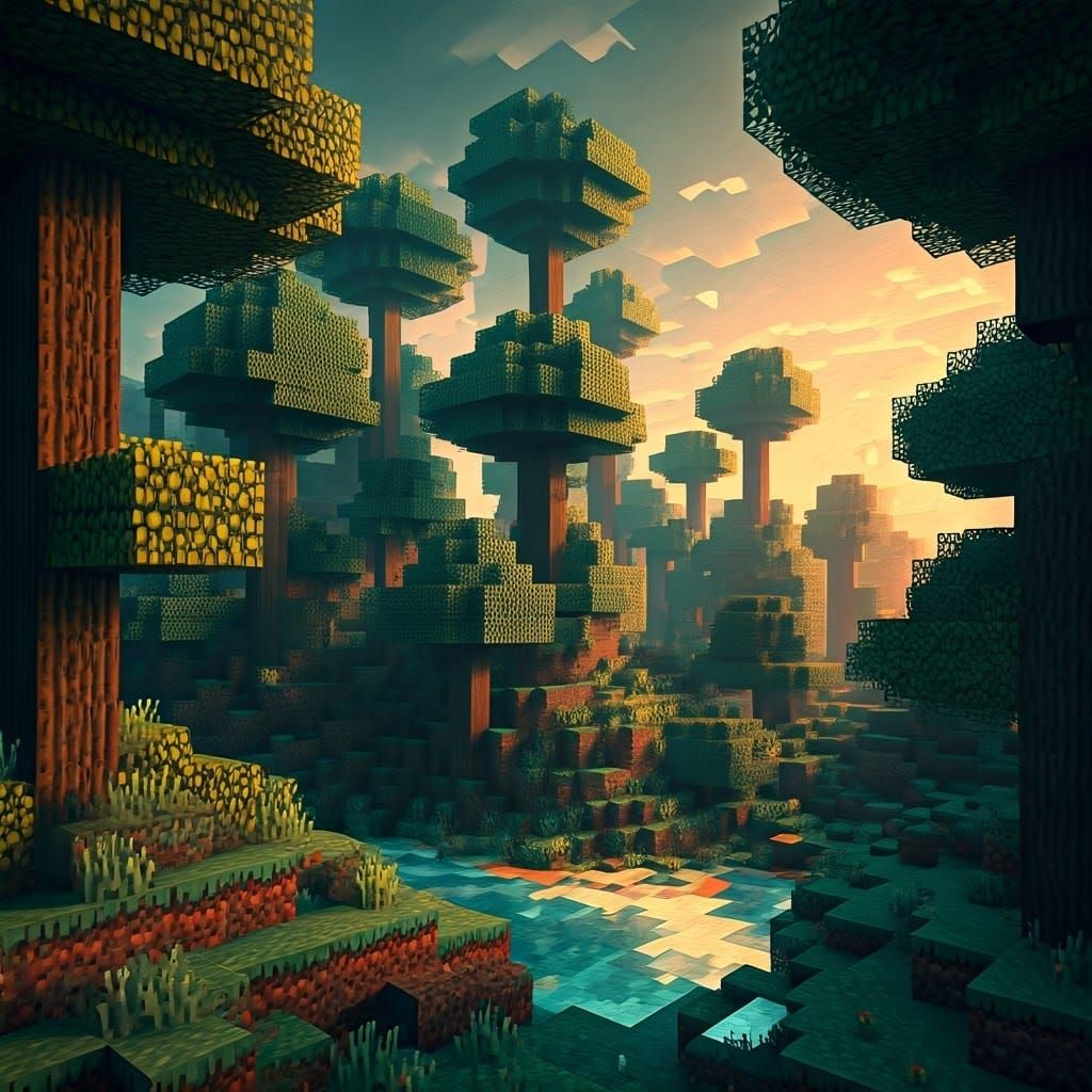 Realistic oil painting. Colored. Minecraft. 
A surreal landscape where everything - from trees to clouds - is square-sha...