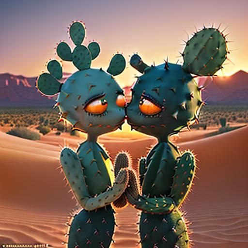 Romantic Cactus Kiss at Sunset: Pixar Style