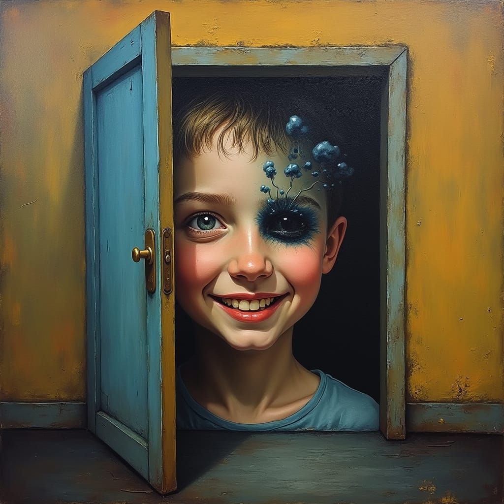 Surreal Boy with Door to Stormy Mind
