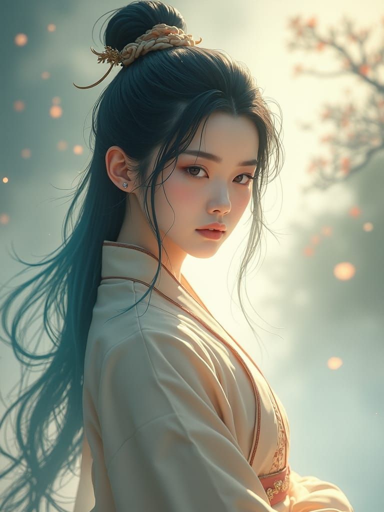 Ethereal Xianxia Girl with Blue Hair, 3D Anime Art