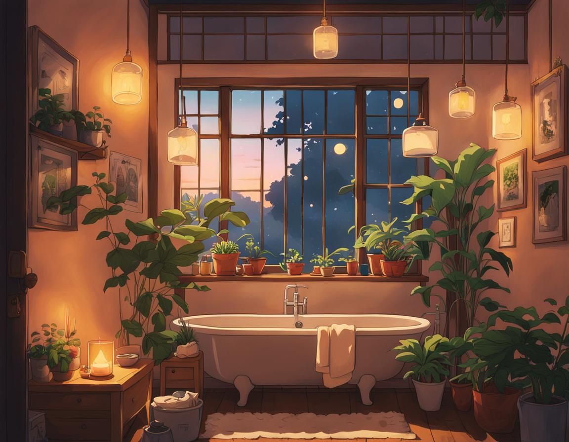 Cozy Ghibli Bathroom with Plants and Warm Lighting