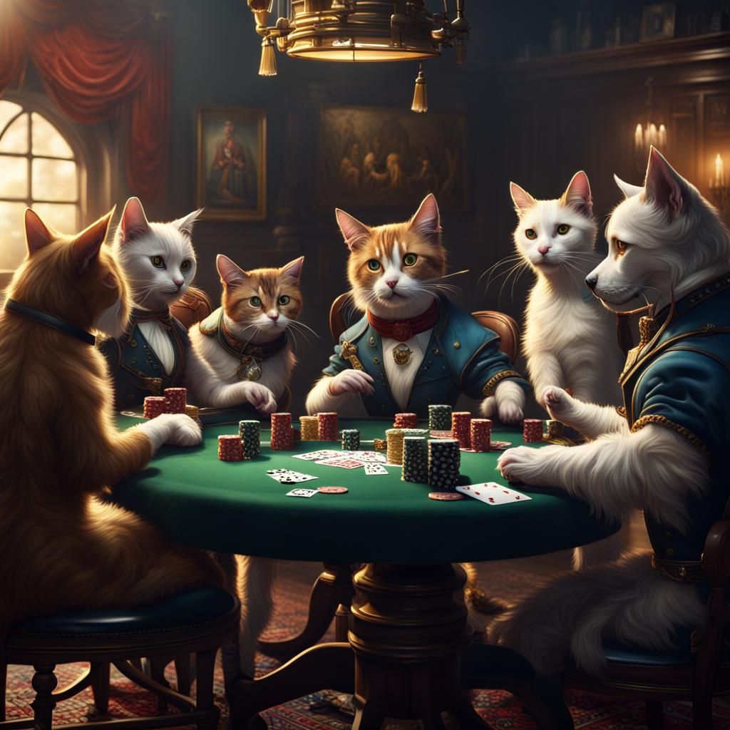 Cats and Dogs Play Poker in Detailed Matte Painting