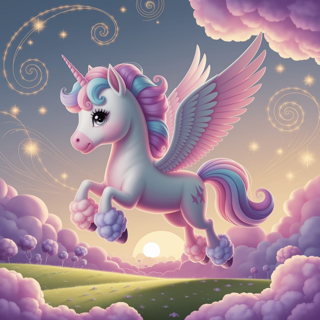Kawaii Flying Unicorn in Pastel Dreamscape
