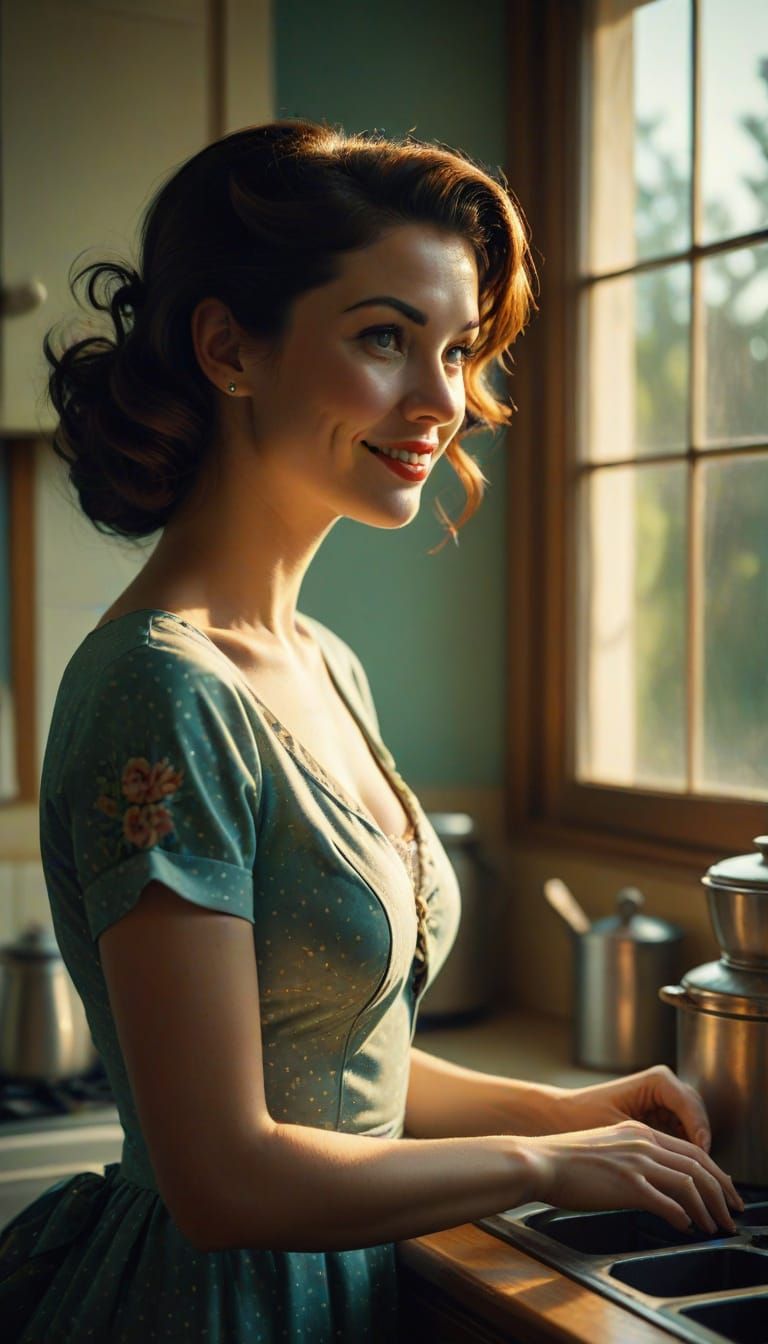 1950s Tradwife Breakfast in Sunlit Kitchen