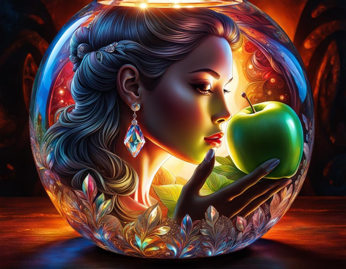 Glass Apple with Woman: Hand-Drawn Enchanted Glow