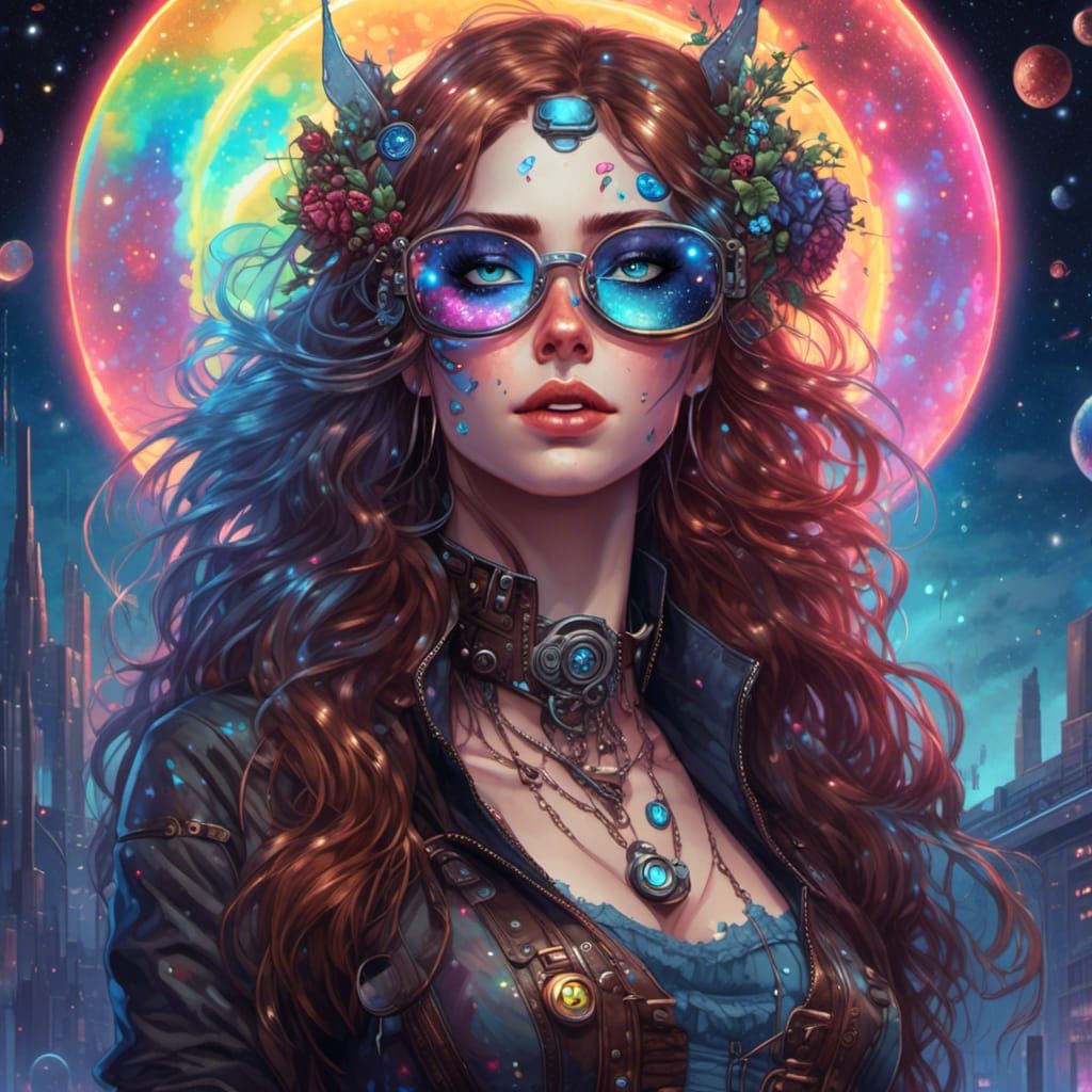 Glitterpunk Woman with Rainbowcore Atmosphere