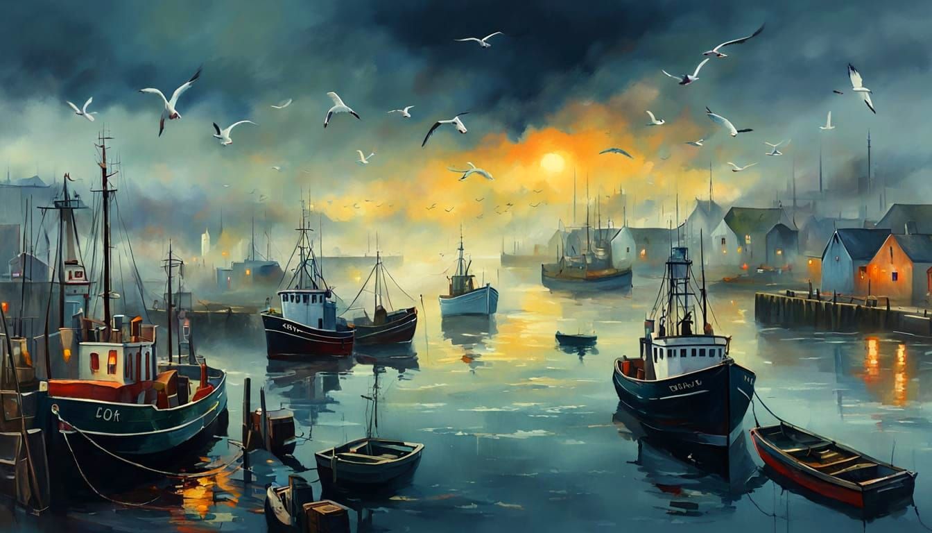 Irish Fishing Harbor on a Foggy Day