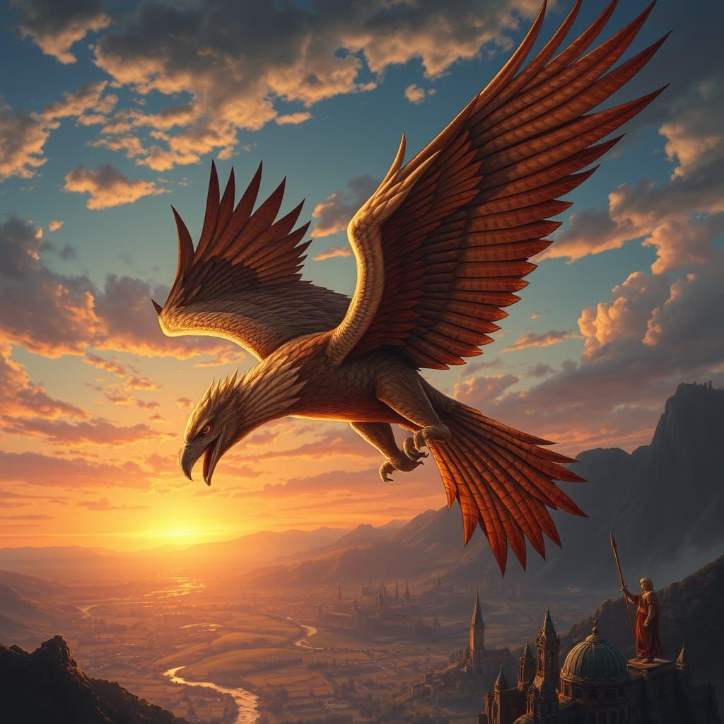 Majestic Griffin Soars Through Twilight Sky in Elegant Fanta...