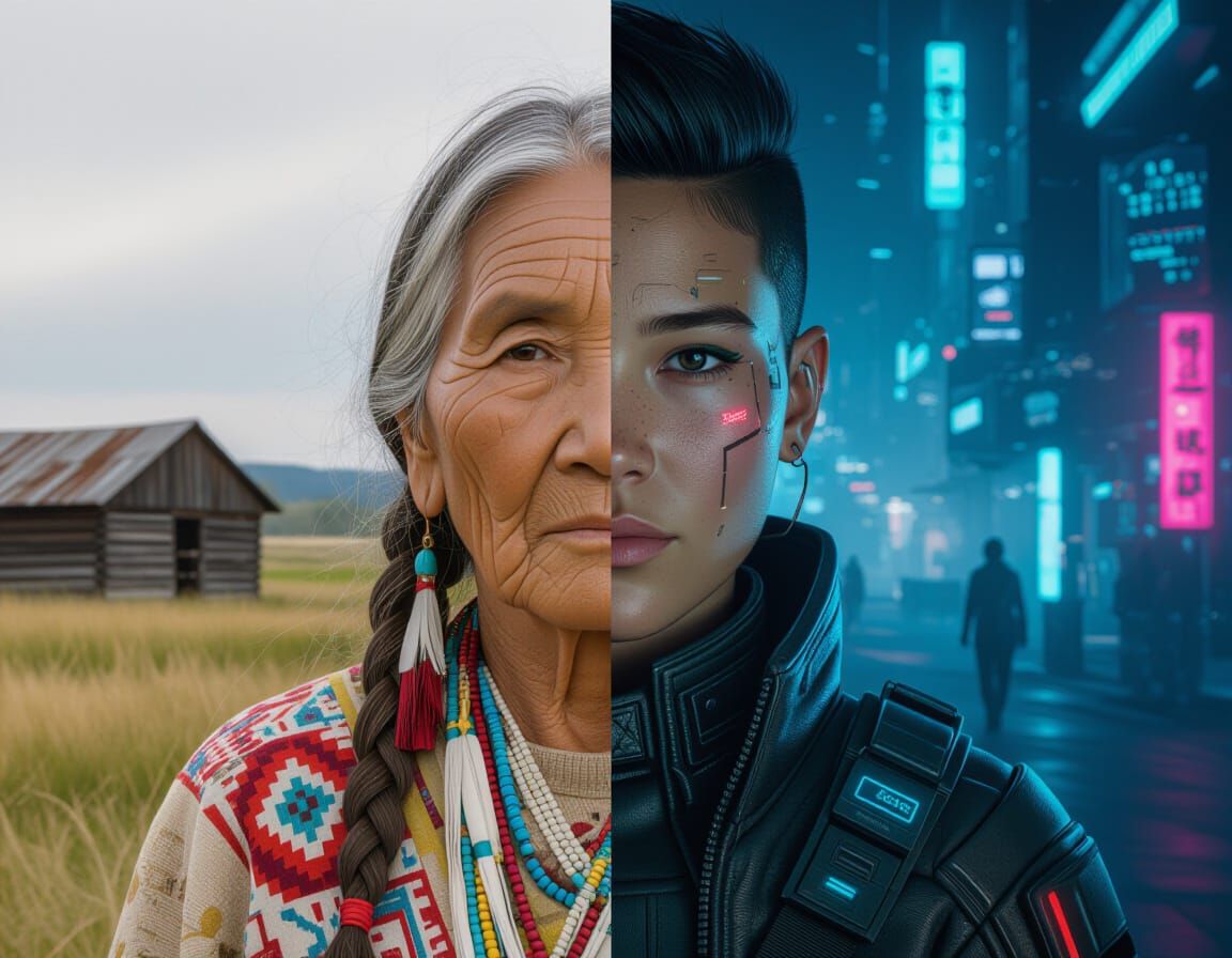 Past Meets Future: Native Woman and Cyberpunk Person