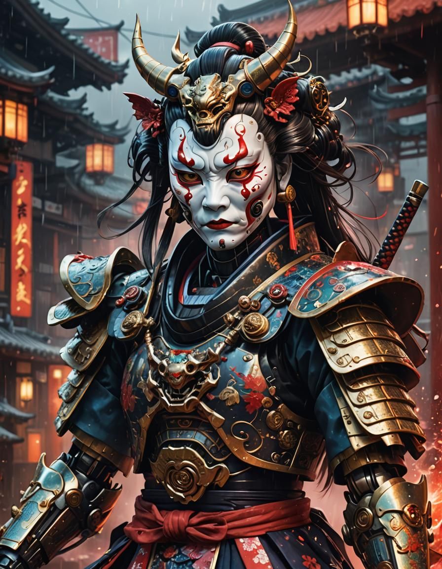 Robot Geisha with Oni Mask and Dragon