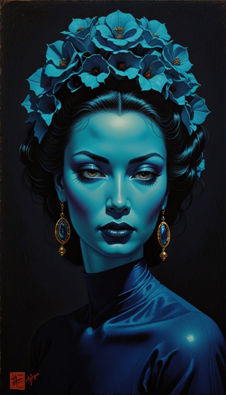 Vibrant Blue Goddess in Ethereal Style