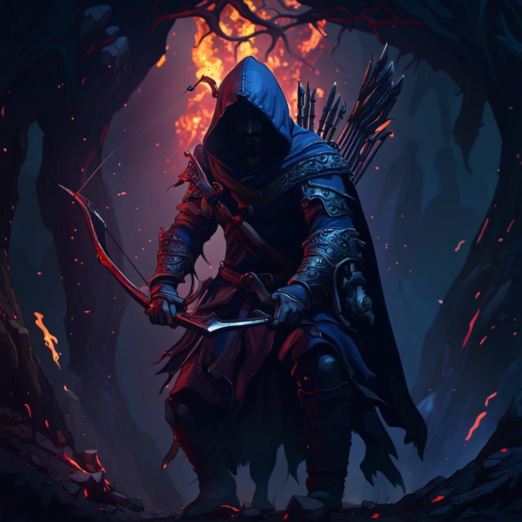 Hooded Archer Forging a Dark Hell Bow