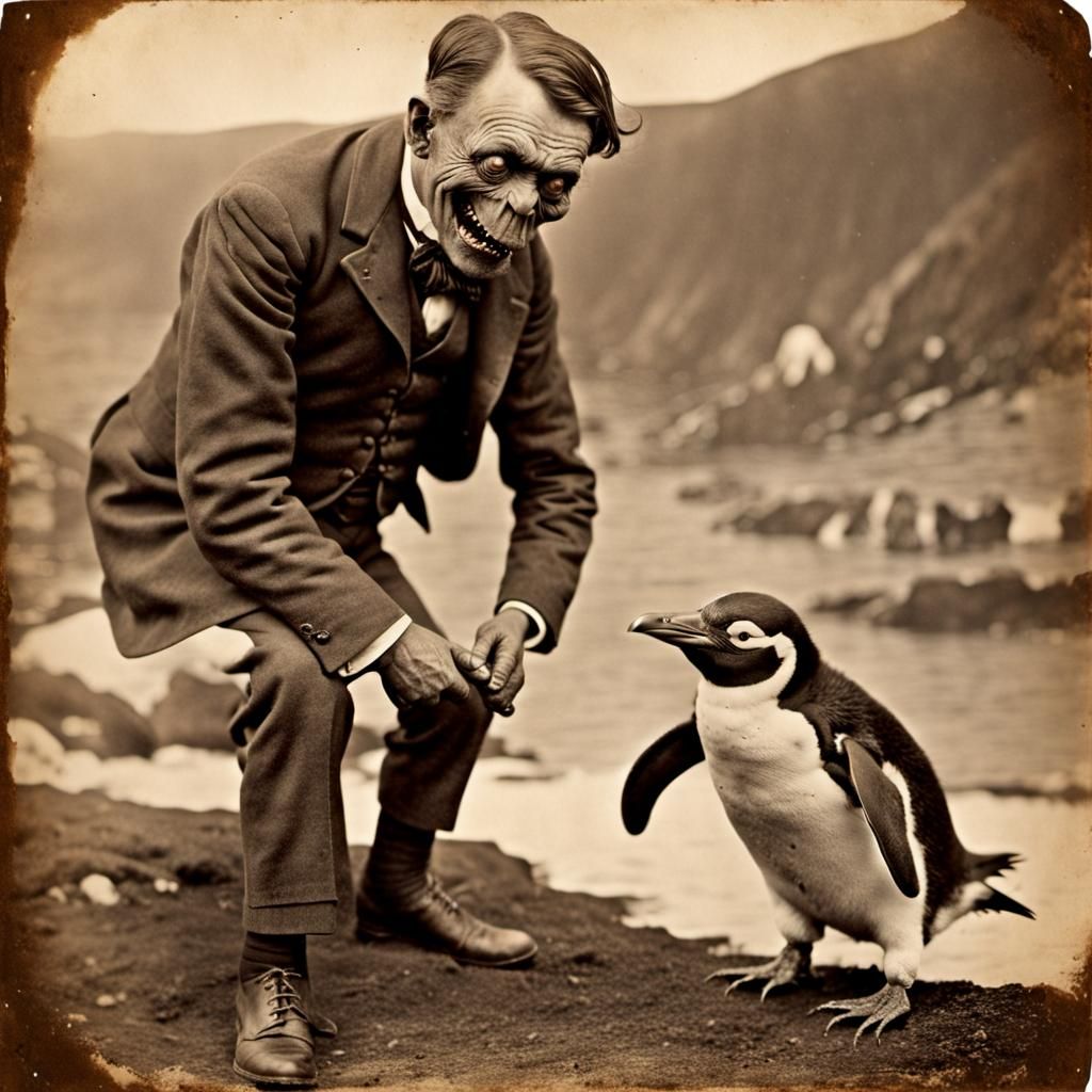 Vintage Horror Photo: Abomination with Penguin