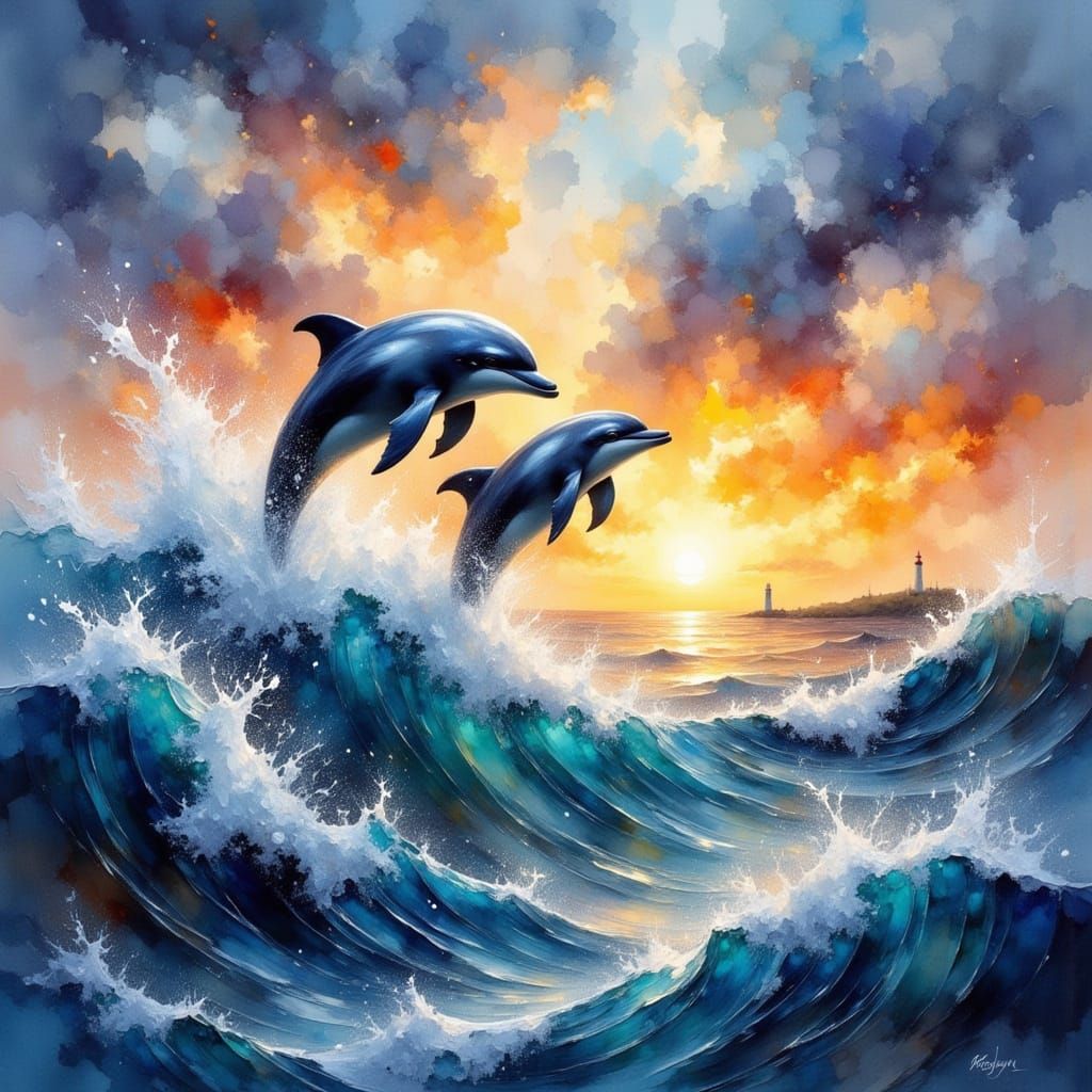 Dolphins Leaping at Sunset in Watercolor Style