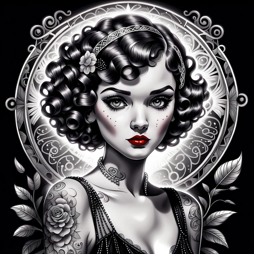 Flapper Girl with Tattoos: Black and White Sketch