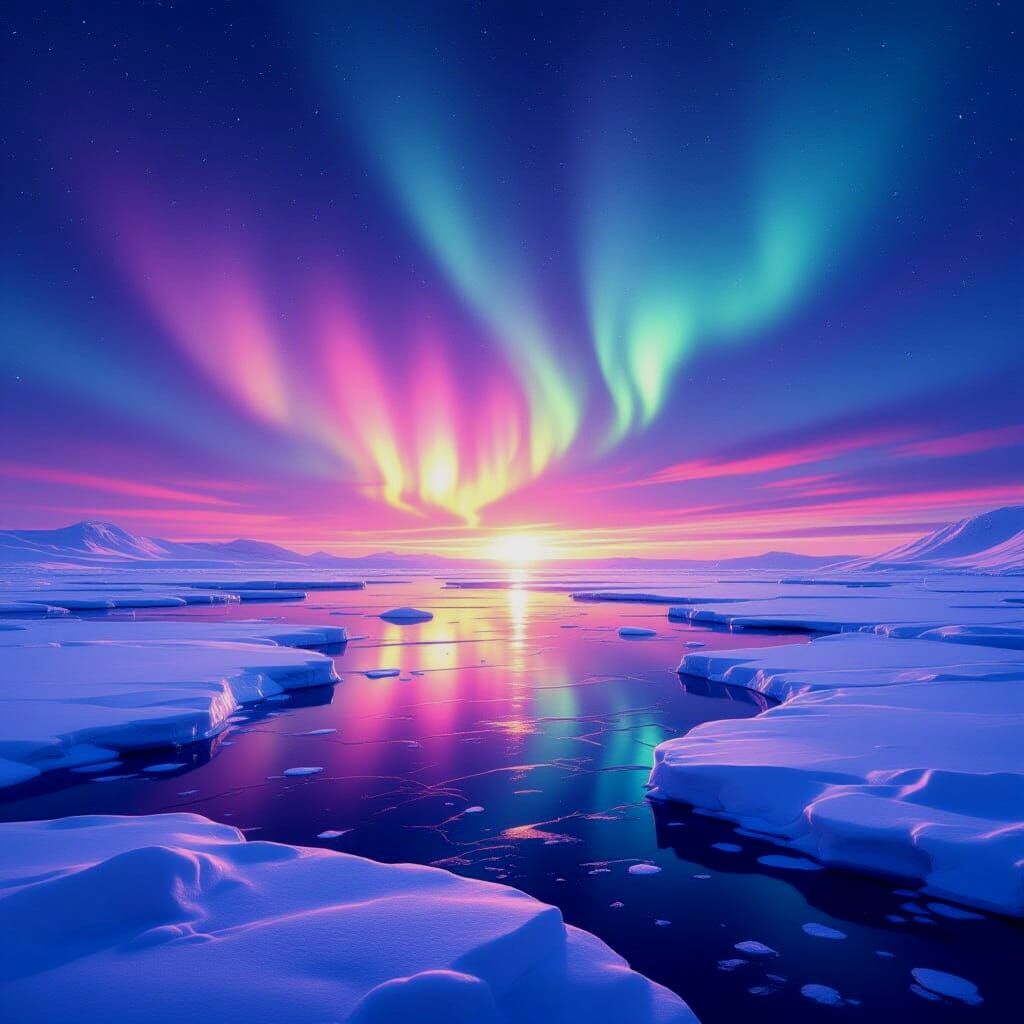 Pink Aurora Borealis Over Icy Sea