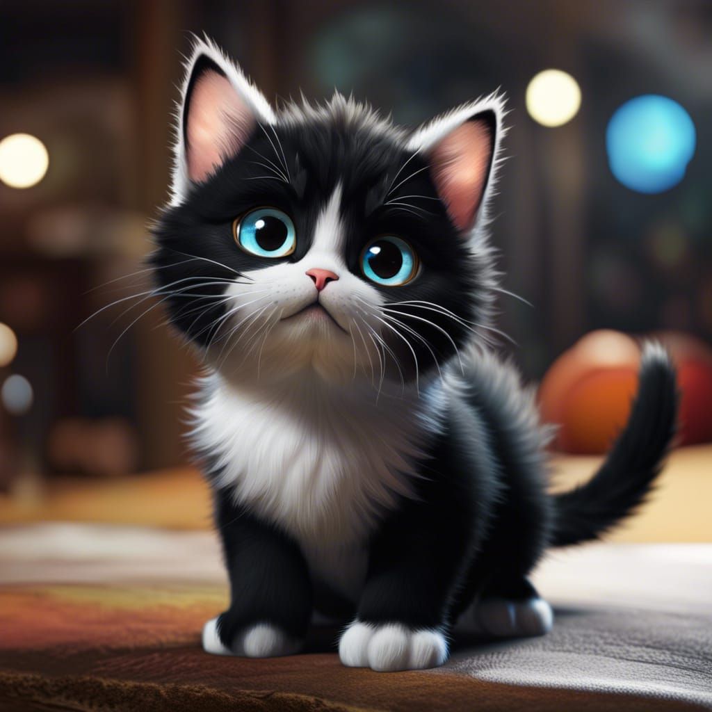 Adorable Black and White Kitten with Big Eyes