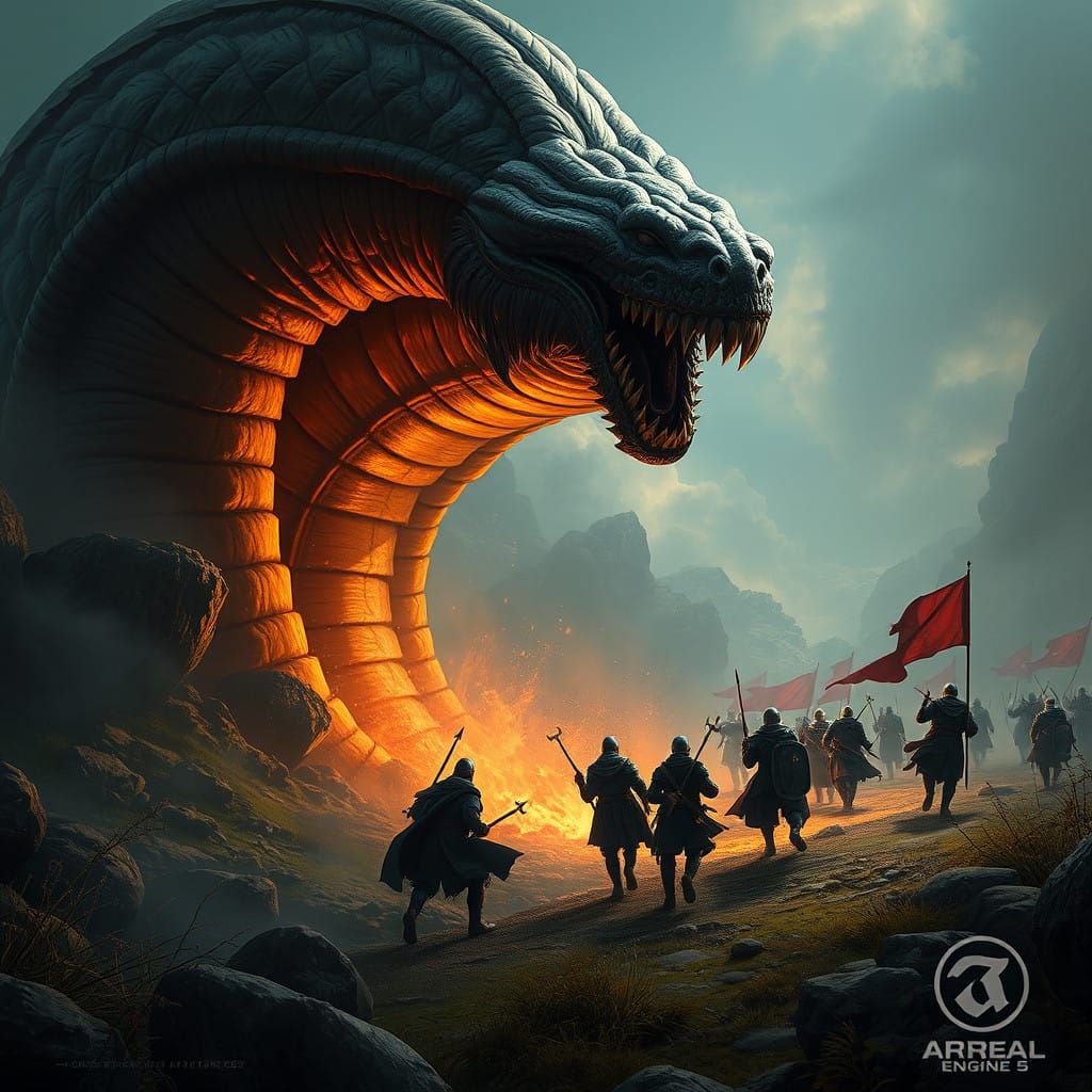 Medieval Warriors Flee Giant Worm Emerging from Earth