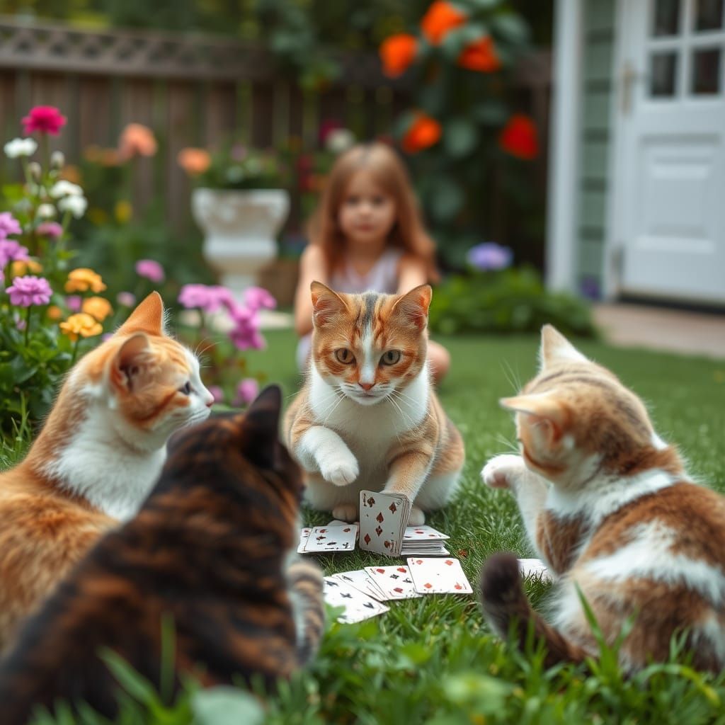 Cats Playing Cards in a Garden