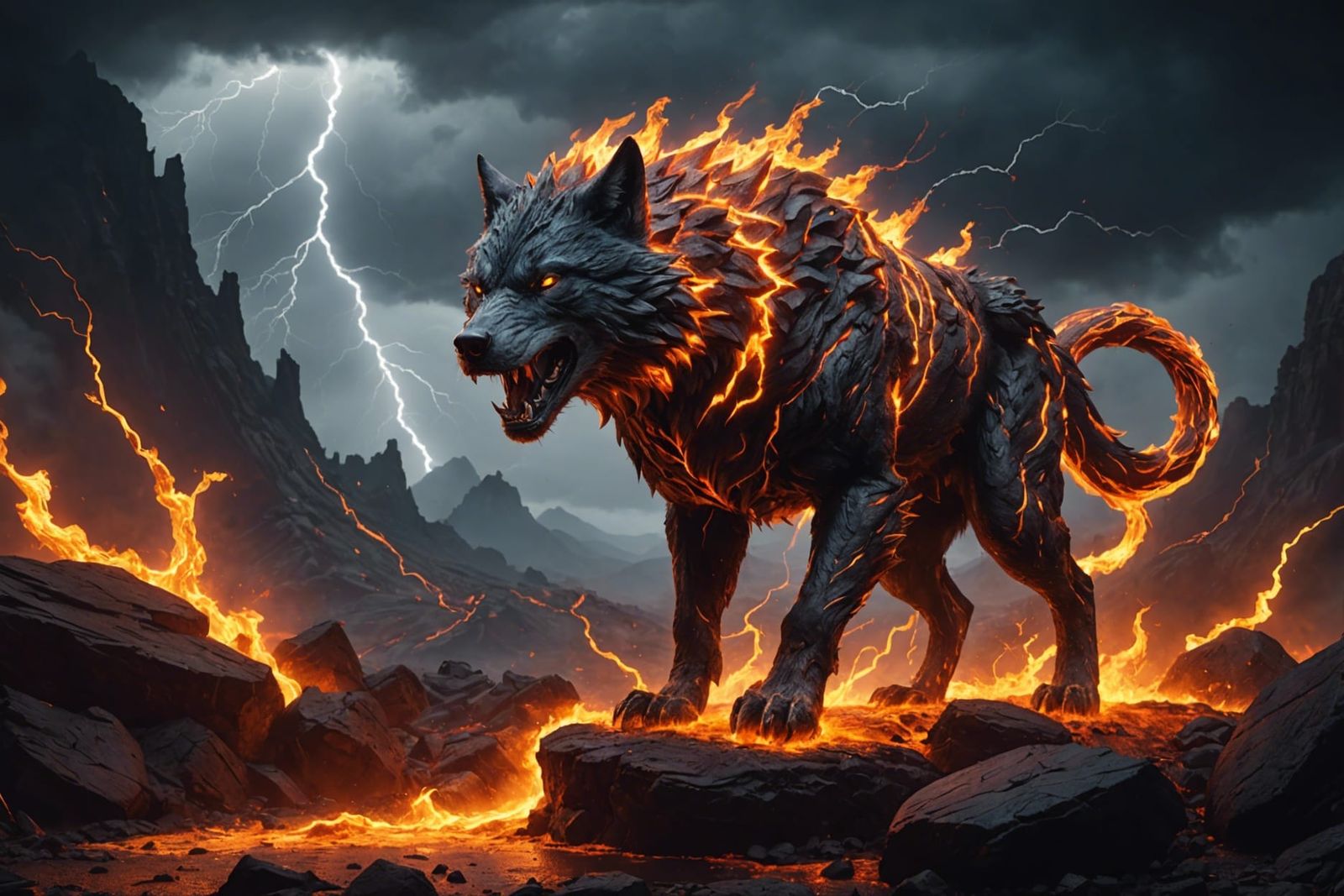 Fiery Lightning Wolf: Detailed Fantasy Concept Art