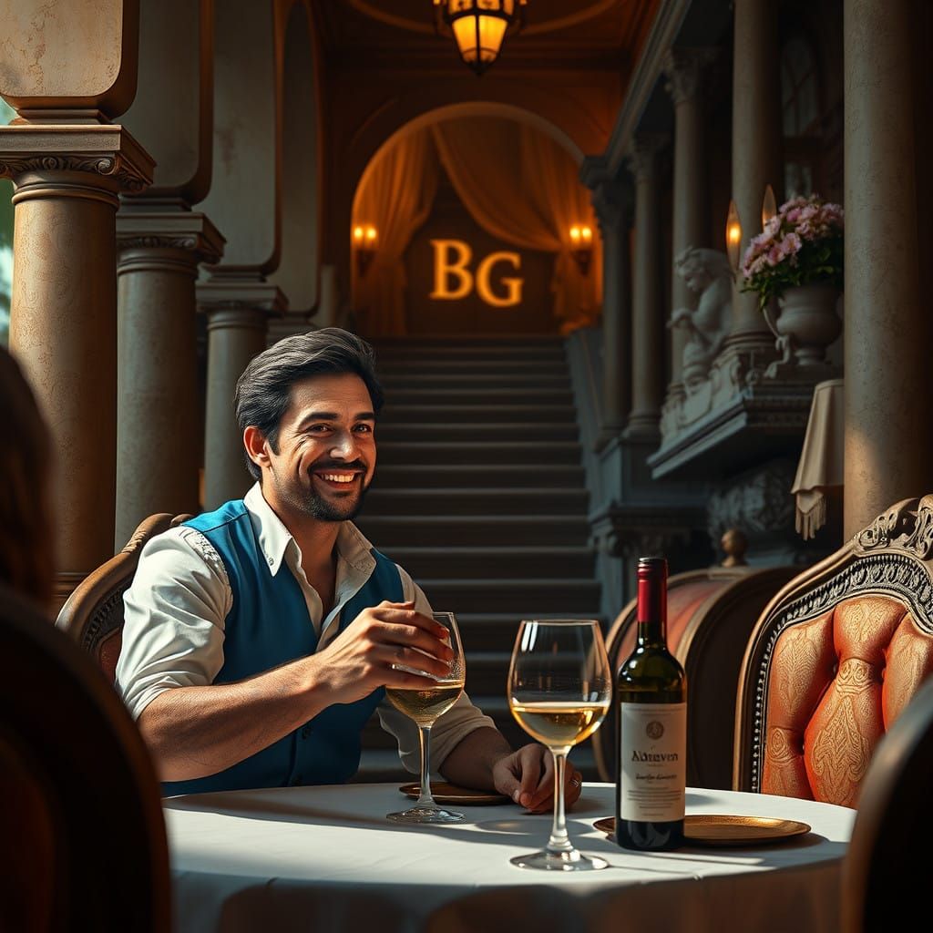 Um mercador com olhos claros, sorrindo enquanto segura uma taça de vinho nas escadas de um palácio real no ambiente disc...