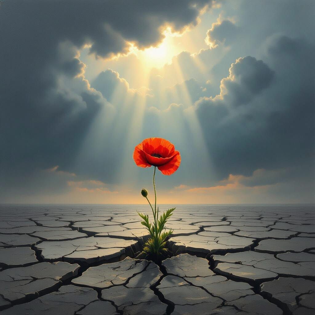 Red Poppy Blooms in Desolate Wasteland, Hopeful Glow
