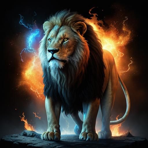 Lion in Ring of Fire: Hyperrealistic HDR Photography