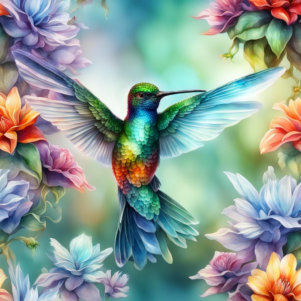 Glass Hummingbird with Crystal Flower in Watercolour