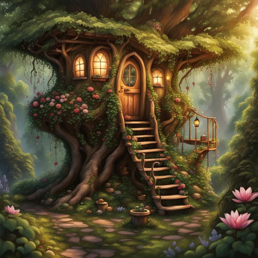 Enchanted Forest: Cozy Treehouse with Vines and Flowers