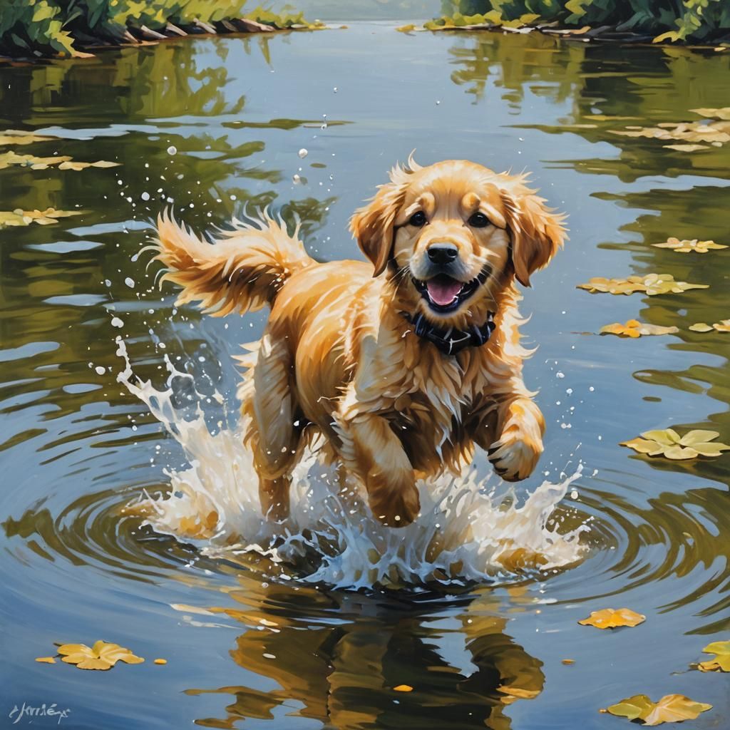 Golden Retriever Puppy Splashing in Lake: Oil Painting