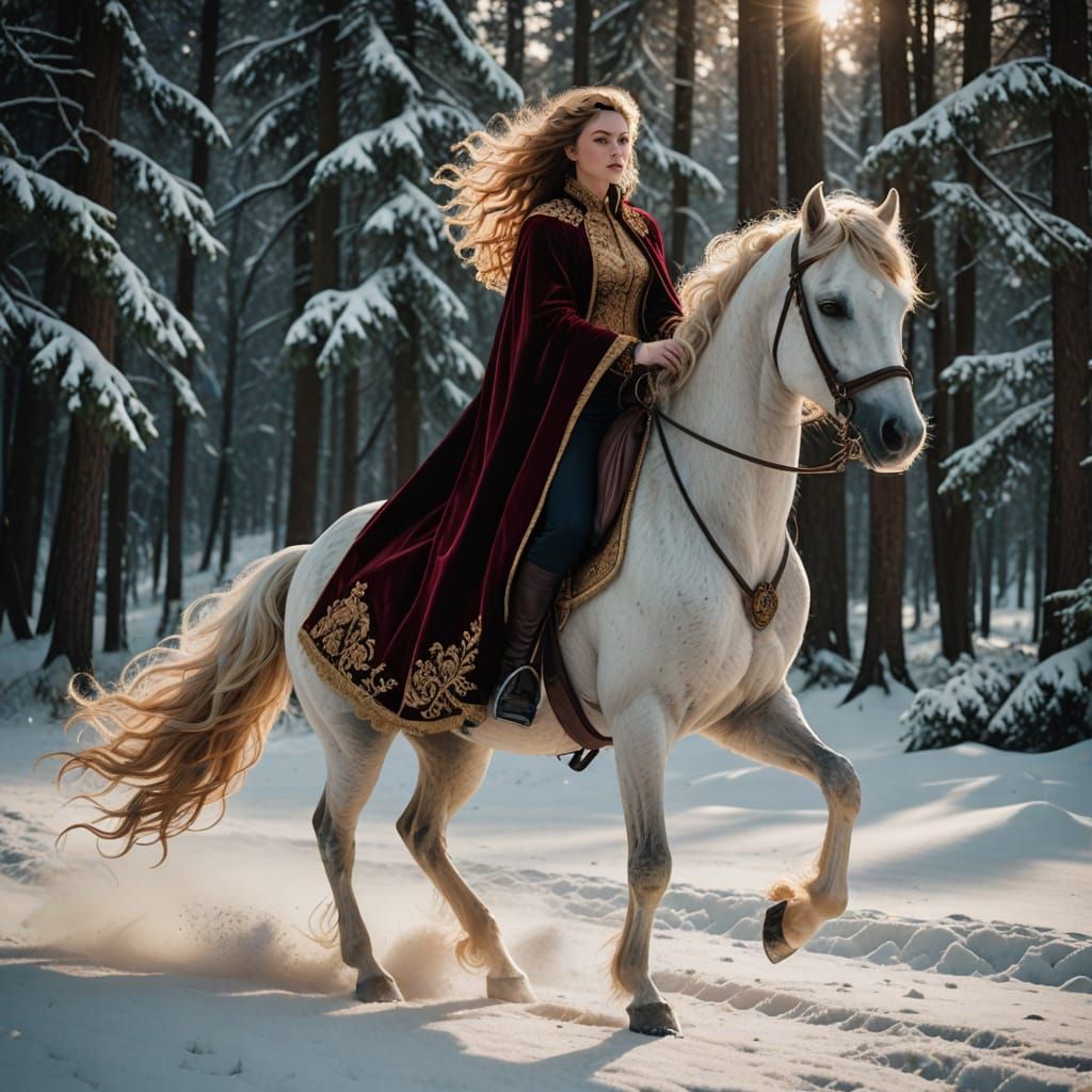 Regal Woman Rides Majestic White Horse Through Snowy Winter ...