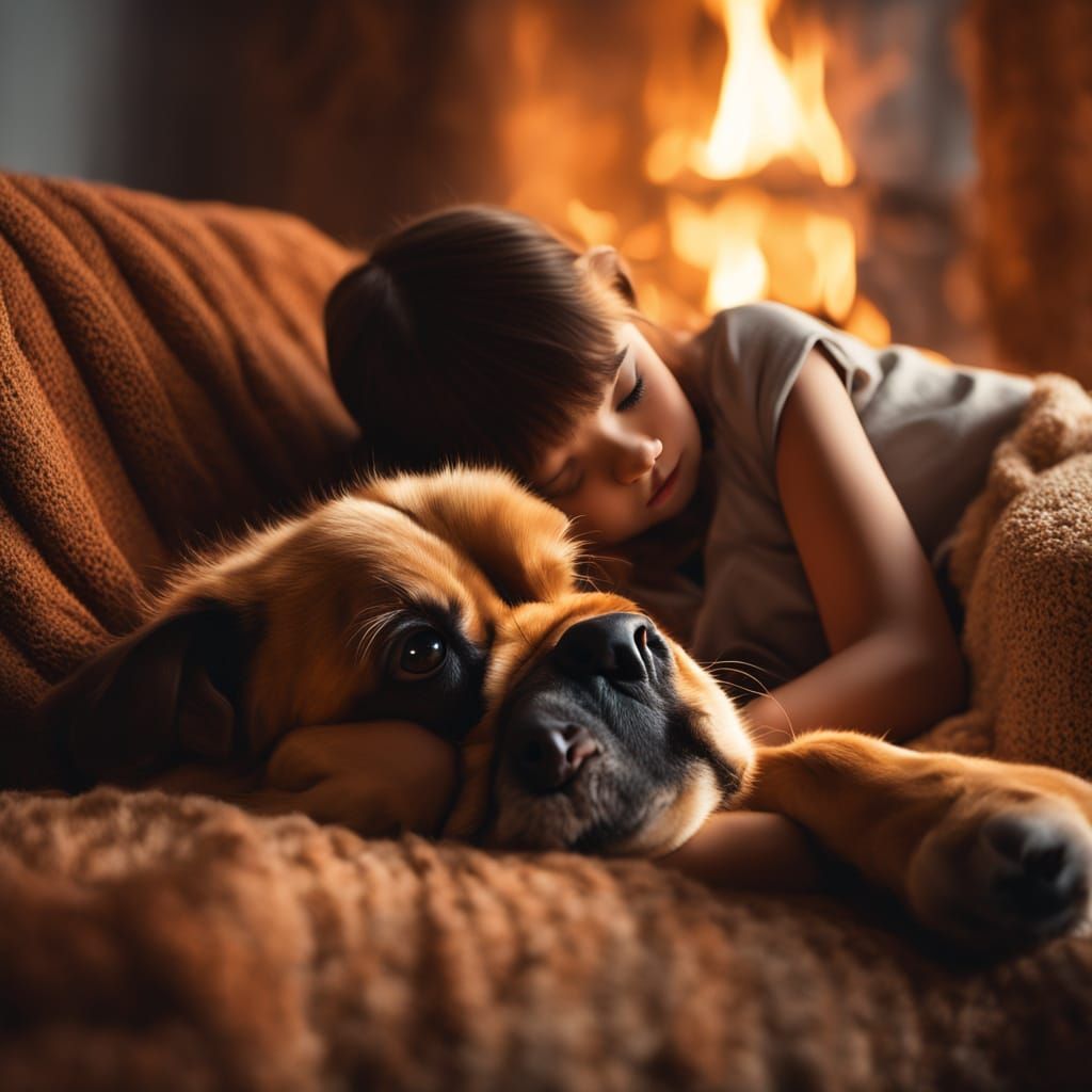 Whimsical Digital Painting of a Girl and Dog by the Fire