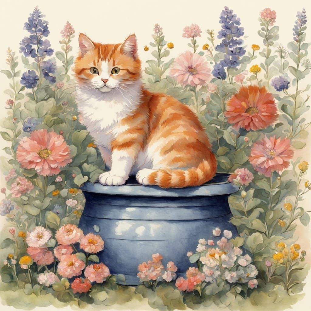 Ginger Cat in Flower Garden, Textile Art Style