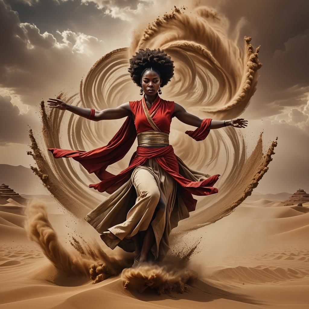 Melanated Woman Bends Sand in Sahara Desert