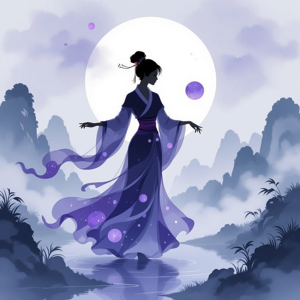 Dancer Silhouette in Flowing Ink Celestial Art