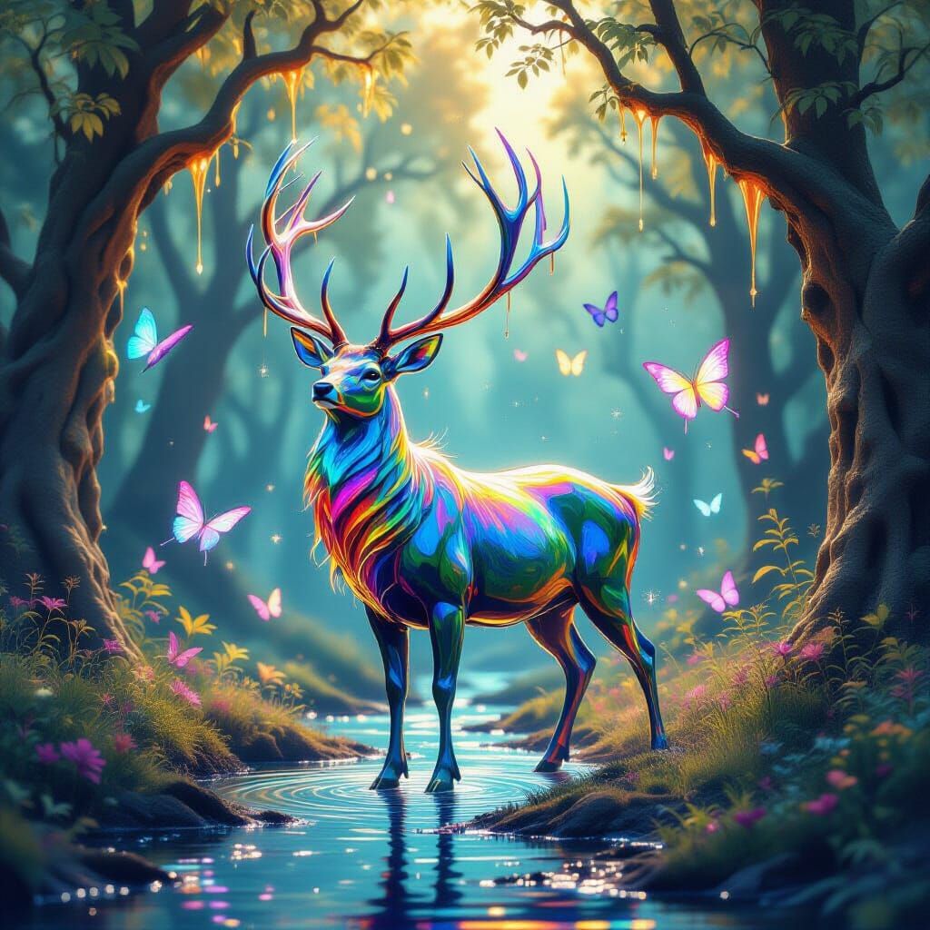 Iridescent Liquid Stag in Mystical Honey Forest